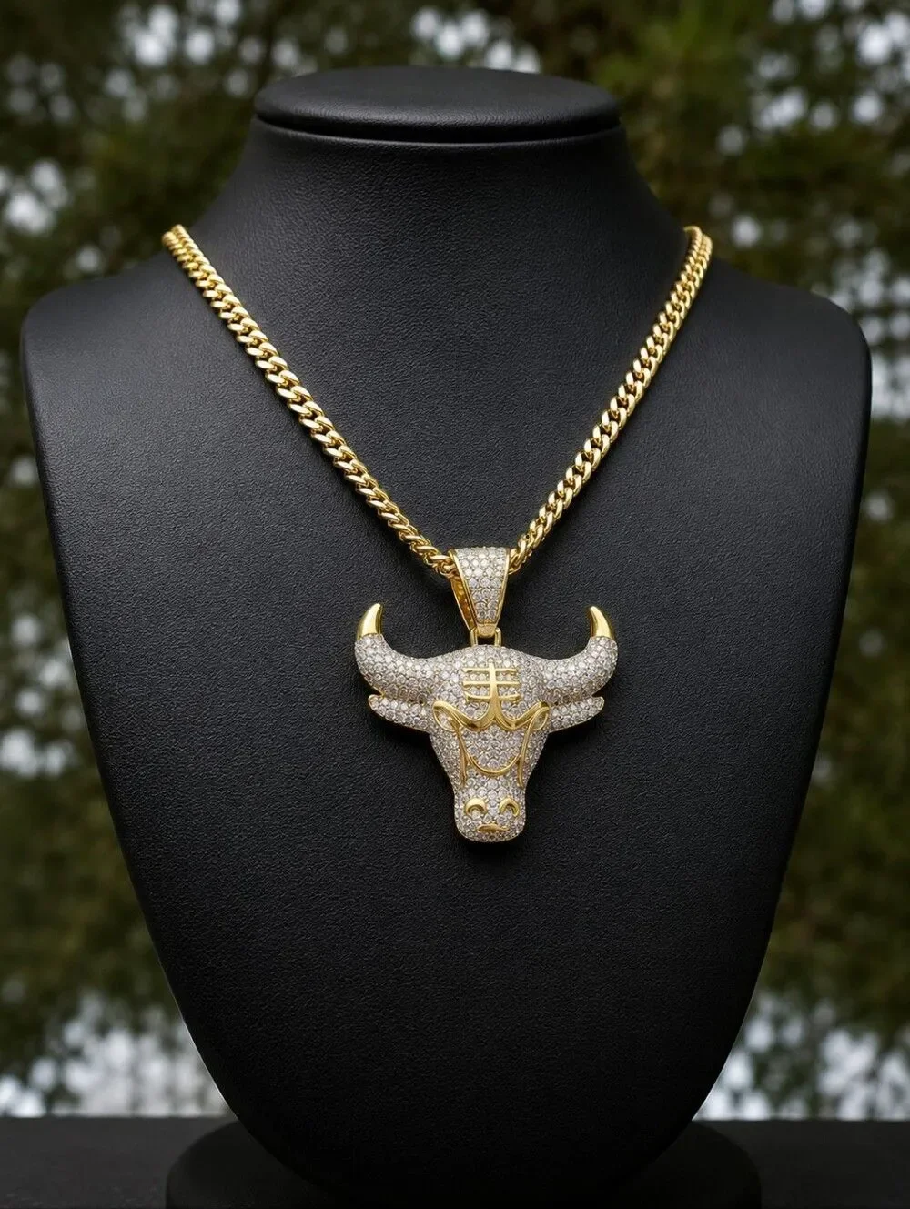 14k GP Simulated Diamond Bull Necklace